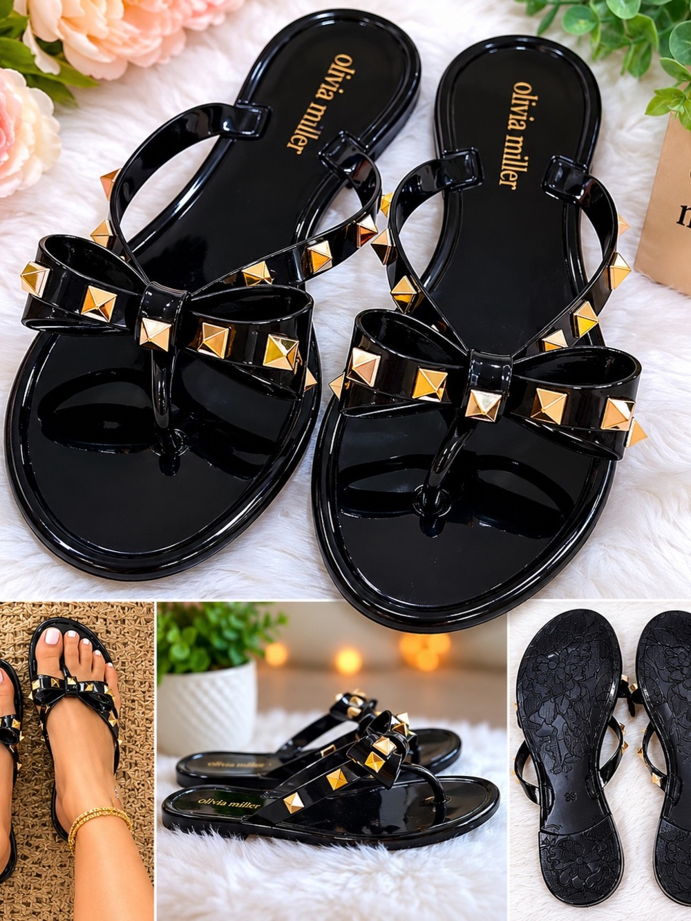Olivia Miller Black Bow Jelly Sandals with Gold Studs